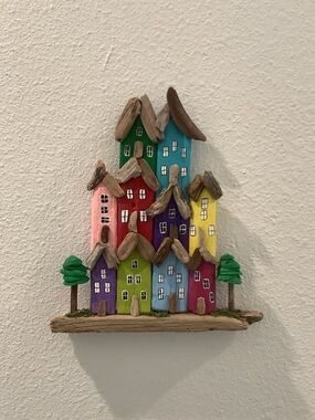 Driftwood Art, Driftwood Painted Houses With Seashell Trees,  Coastal Art